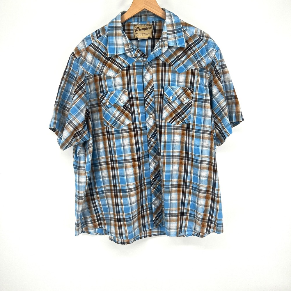 Wrangler Mens Western Snap‎ Shirt Plaid Blue Brown Short Sleeve 2XL WMSB66BB